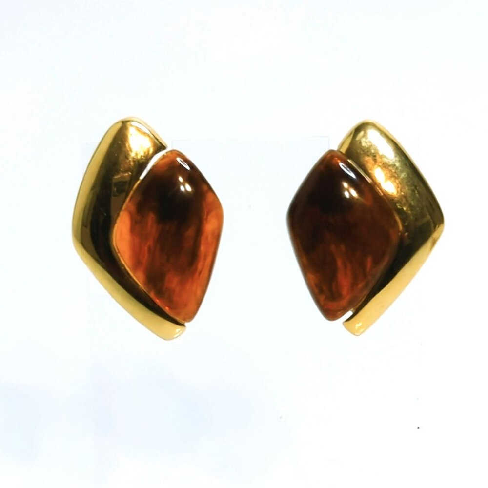 Vintage Napier Diamond Shape Gold Tone & Amber Resin Post Earrings